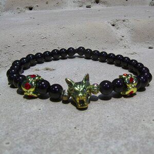 NEW Handmade Wolf Bracelet . Gold With Black Agate Gemstone Beads